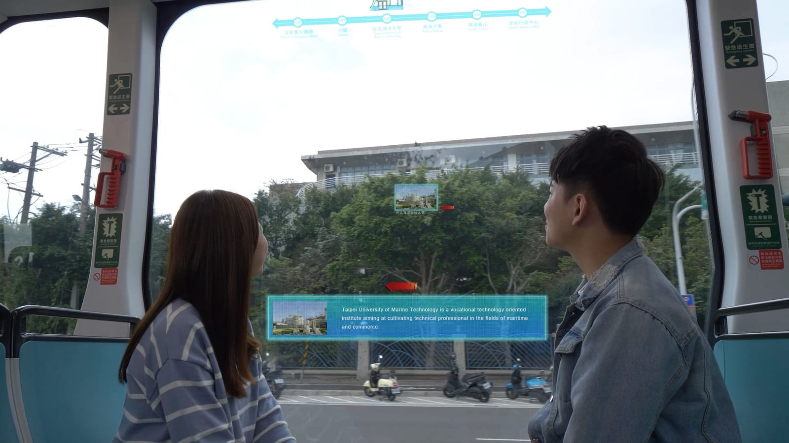 透過景物GPS座標資料庫和相機追蹤技術，判定乘客視線，將乘客目光焦點的景物資訊呈現於螢幕，秀出導覽資訊。